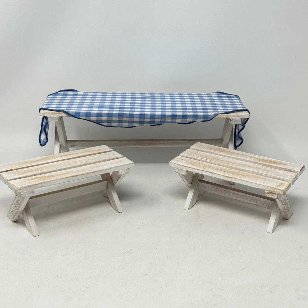 Anne Geddes Enesco Miniature Picnic Table Bench Set White Wood Gingham Prop